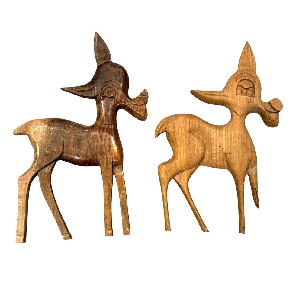 Set of 3 Vintage Mid-Century Modern Carved Wooden Deer Reindeer Wall Hanging